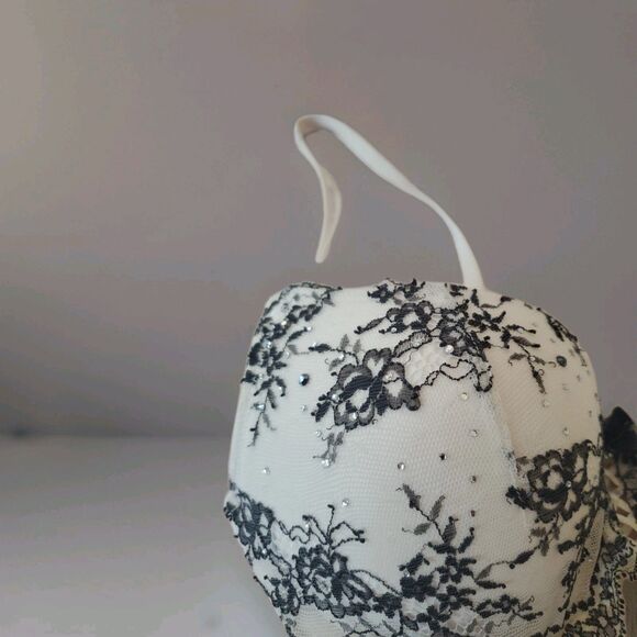 Victoria Secret Demi Padded Bra 34B ID# 36007072 White Black Lace Bows Push Up - Picture 2 of 13